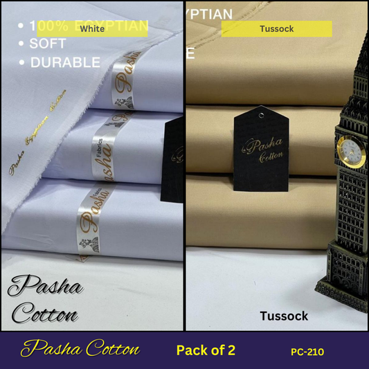 Pasha Cotton fabric with 'White' and 'Tussock' color options, combo deal.