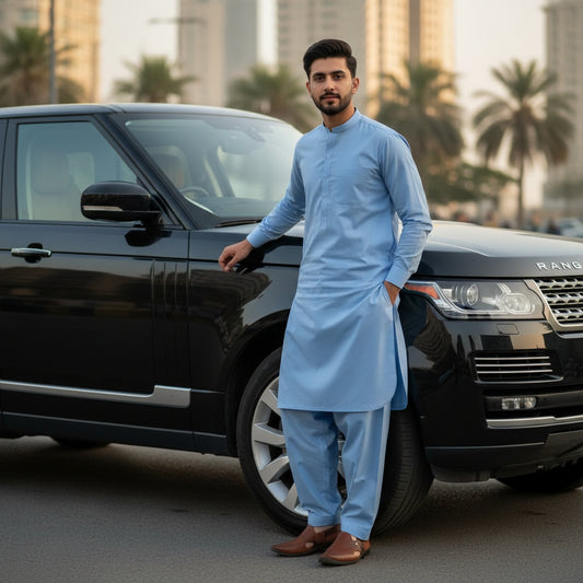 Man in Pasha Cotton Sky color traditional attire standing next to a black Range Rover with urban background.