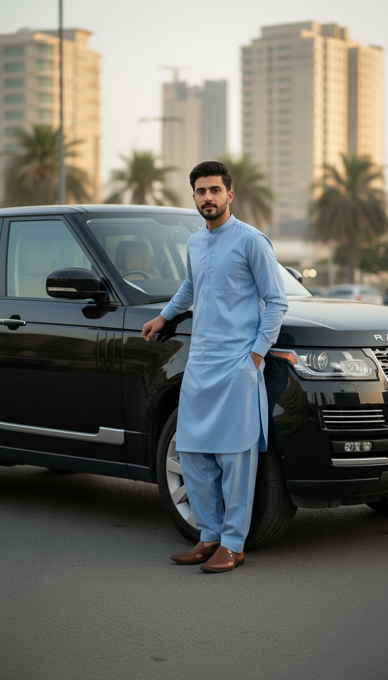 Man in sky blue pasha cotton traditional outfit standing next to a black Range Rover with cityscape in the background