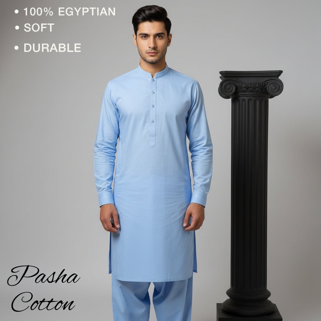 Man wearing a sky blue pasha cotton kurta with text about material quality on a gray background