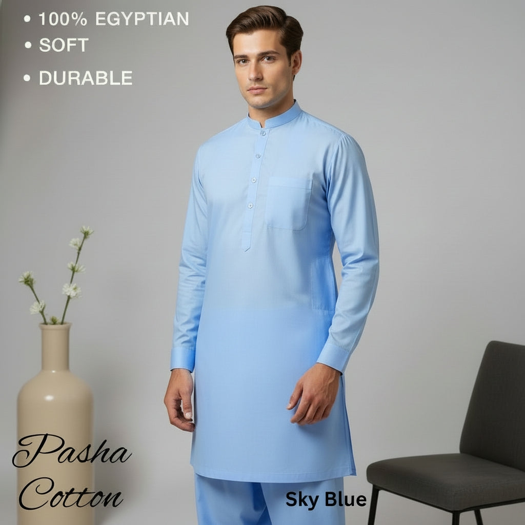 Man wearing a sky blue kurta pasha cotton with text highlighting features and brand name on a gray background