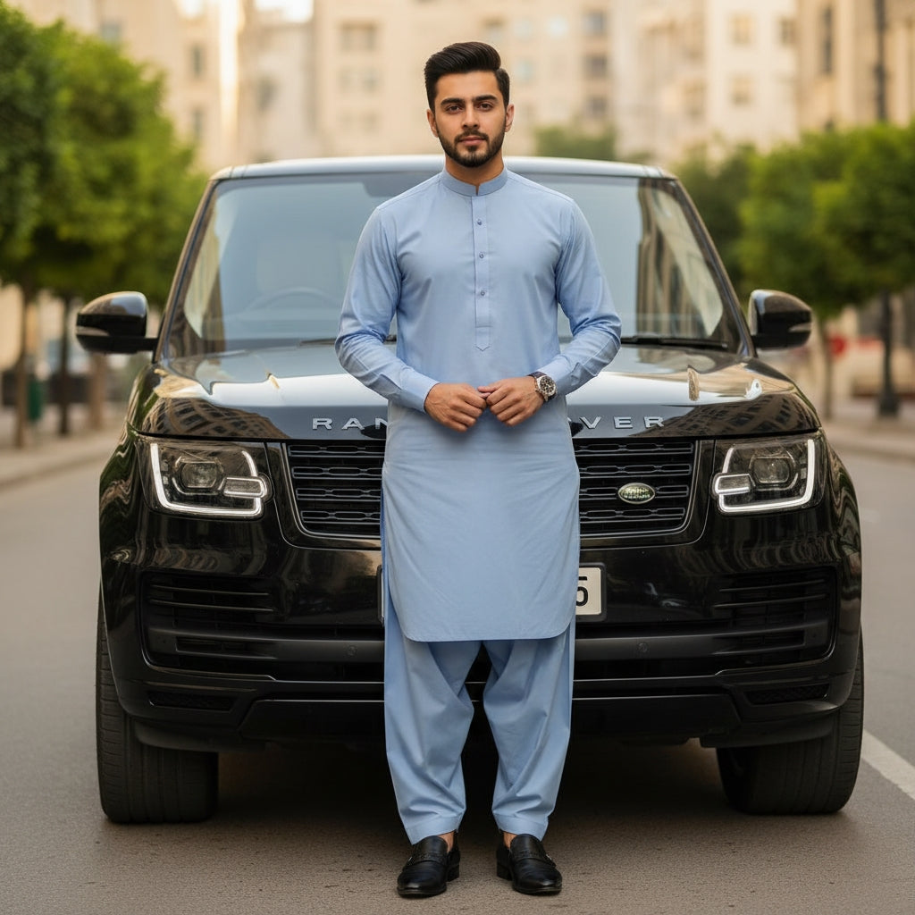 Man in sky blue pasha cotton traditional outfit standing in front of a black Range Rover on a city street.