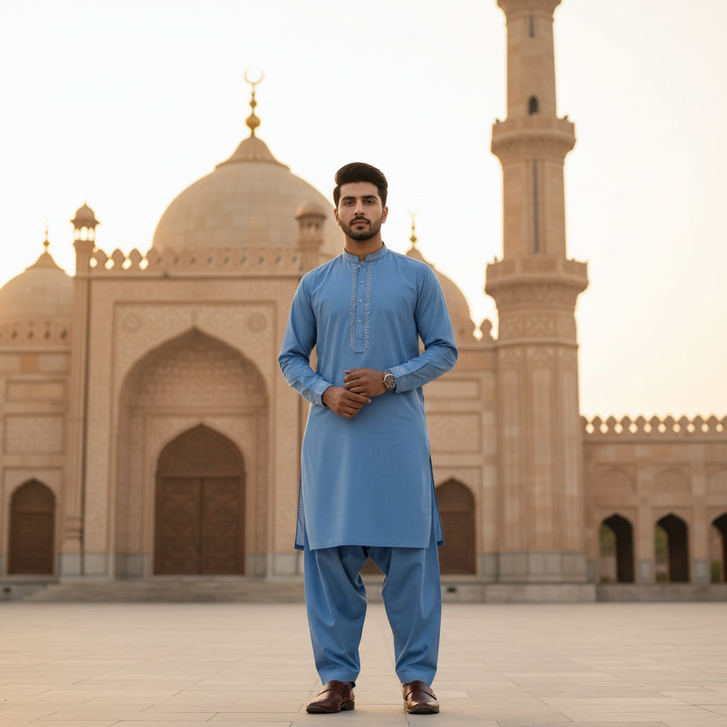Man in a sky blue pasha cotton traditional outfit standing in front of a mosque.