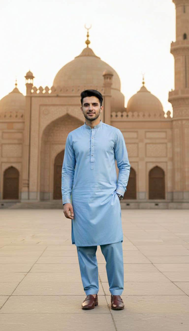 Man in a sky blue pasha cotton kurta standing in front of a historic building with domes.
