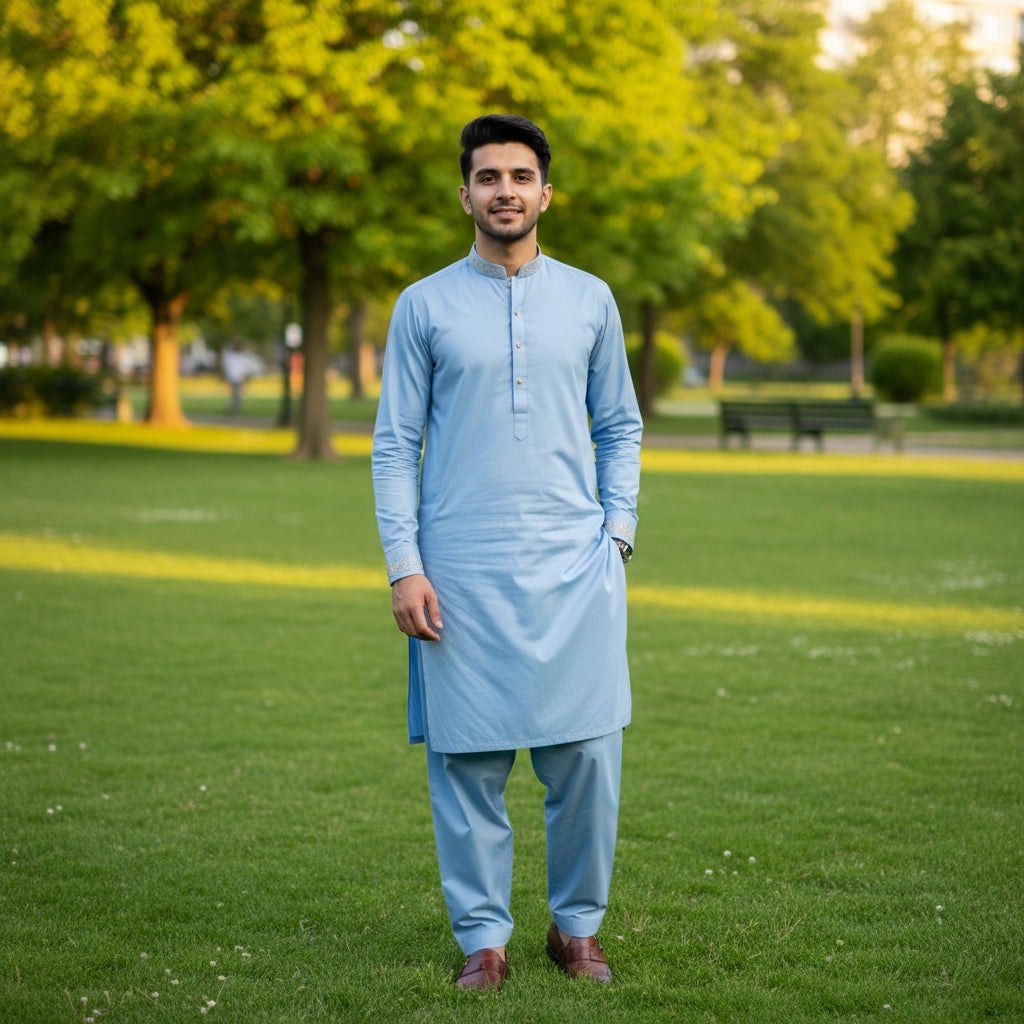 Man in sky blue pasha cotton traditional outfit standing on grass with trees in the background