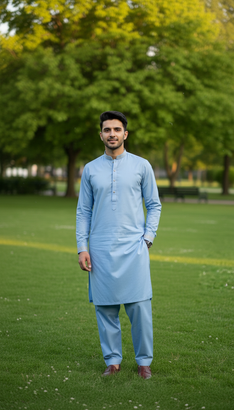 Man wearing a sky blue pasha cotton kurta standing on grass with trees in the background