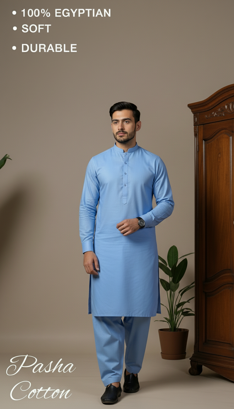 Man wearing a sky blue pasha cotton kurta with text about fabric quality on a neutral background