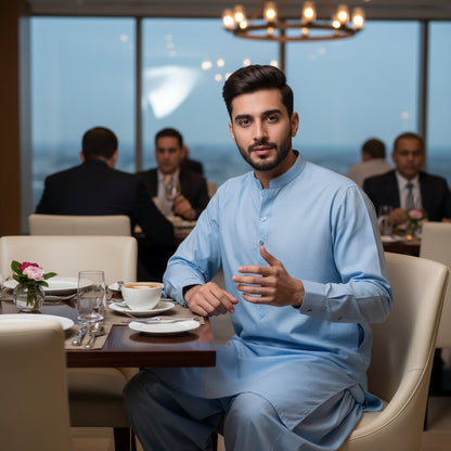 Man in a sky blue pasha cotton traditional outfit sitting at a dining table in a restaurant.