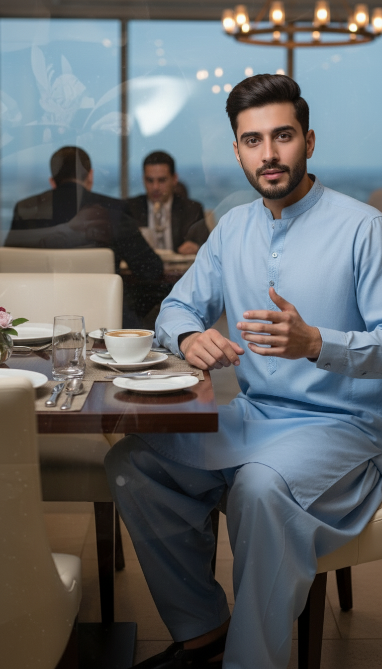 Man in a sky blue pasha cotton traditional outfit sitting at a dining table in a restaurant.
