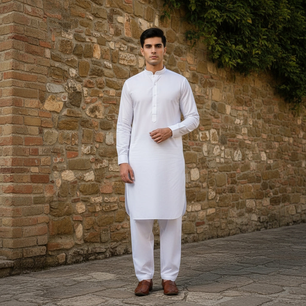 Man wearing a white pasha cotton kurta and pants standing against a stone wall.