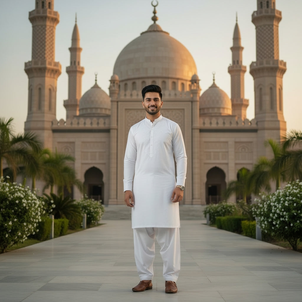 Man in white pasha cotton traditional attire standing in front of a mosque
