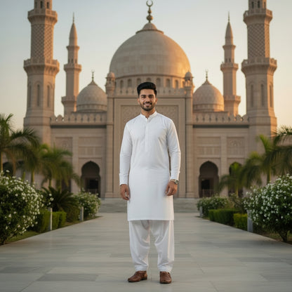 Man in white pasha cotton traditional attire standing in front of a mosque
