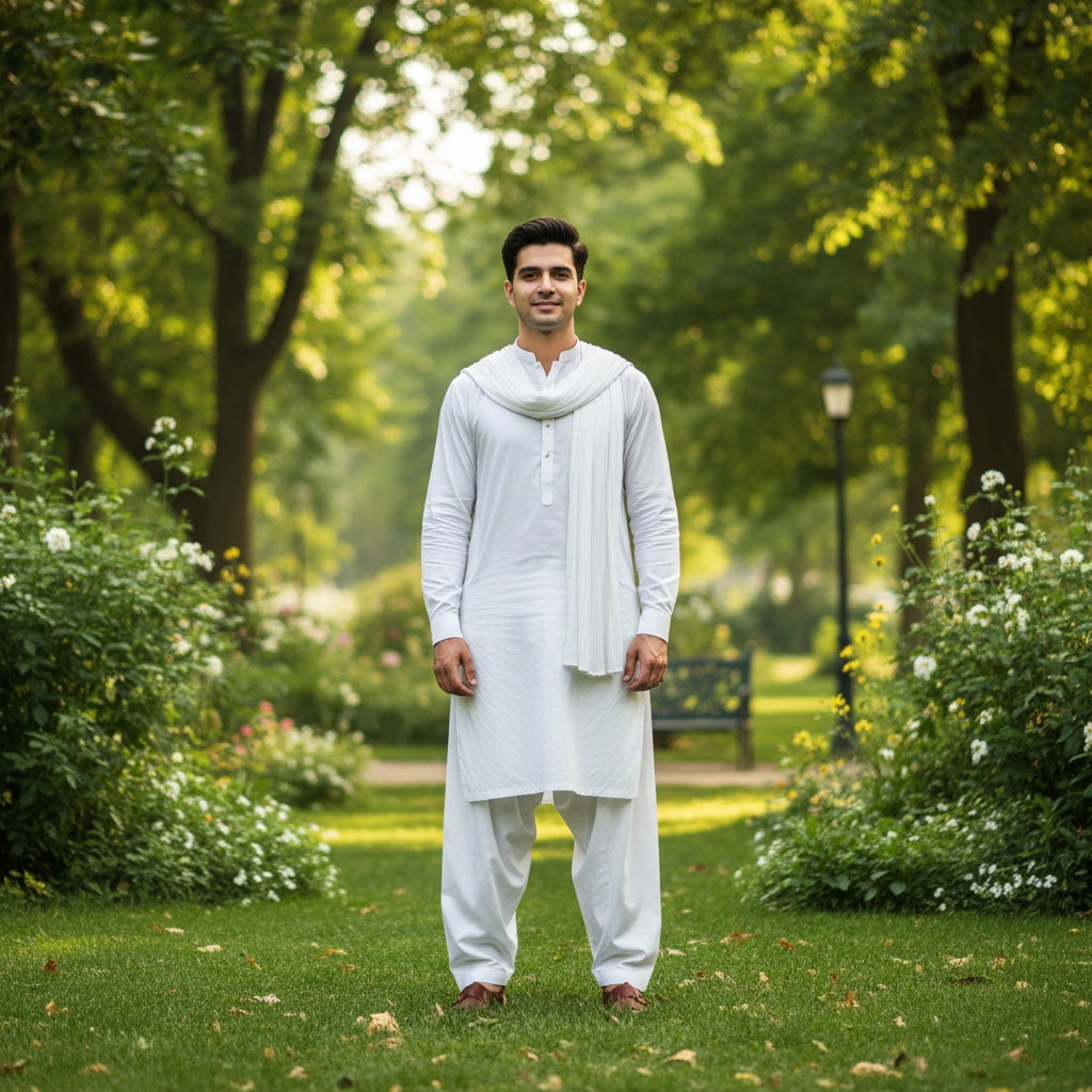Man in traditional white pasha cotton attire standing in a park with greenery and flowers.