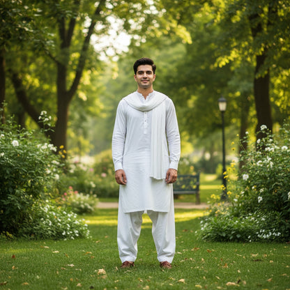 Man in traditional white pasha cotton attire standing in a park with greenery and flowers.