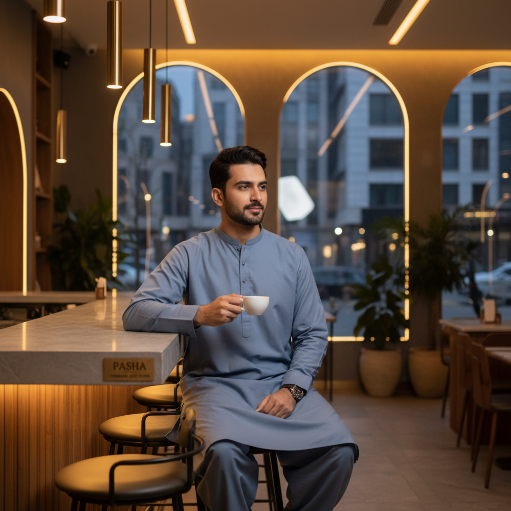 Man in PASHA Flint Shalwar Kameez at modern cafe - urban sophisticated style
