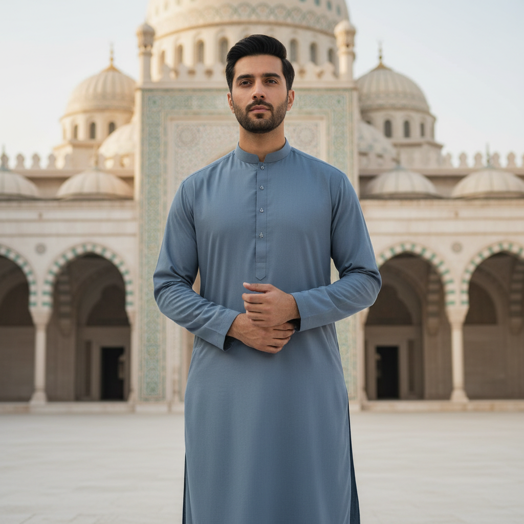 Man wearing PASHA Flint Soft Cotton Shalwar Kameez at mosque - religious occasion wear