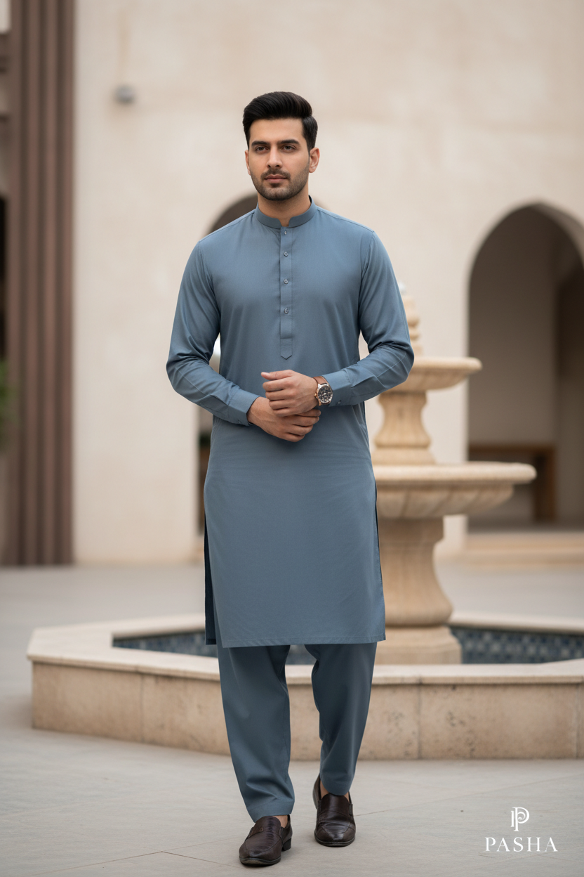 Full length portrait of man wearing PASHA Premium Soft Cotton Shalwar Kameez in Flint Grey - mobile optimized