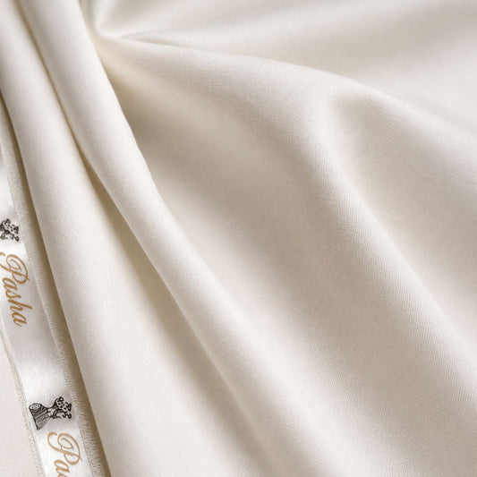 Close-up of Pasha Premium Cotton Off White fabric showing smooth fine weave and soft premium cotton texture for men’s unstitched suits.