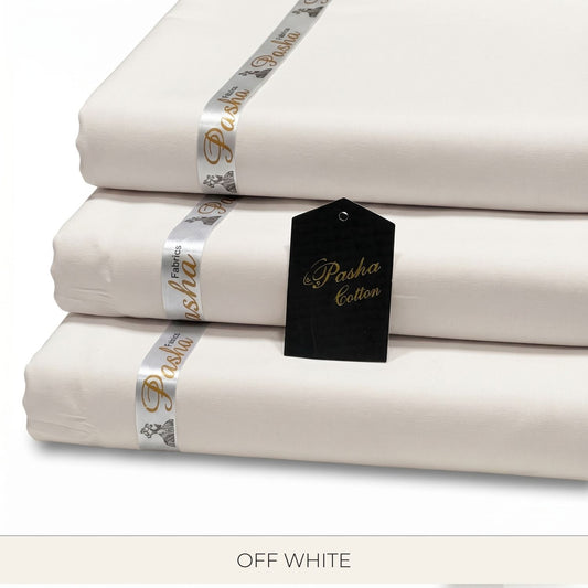 Pasha Cotton off white unstitched shalwar kameez suit fabric for men – Egyptian soft cotton, 200 TC, 4.5 meters