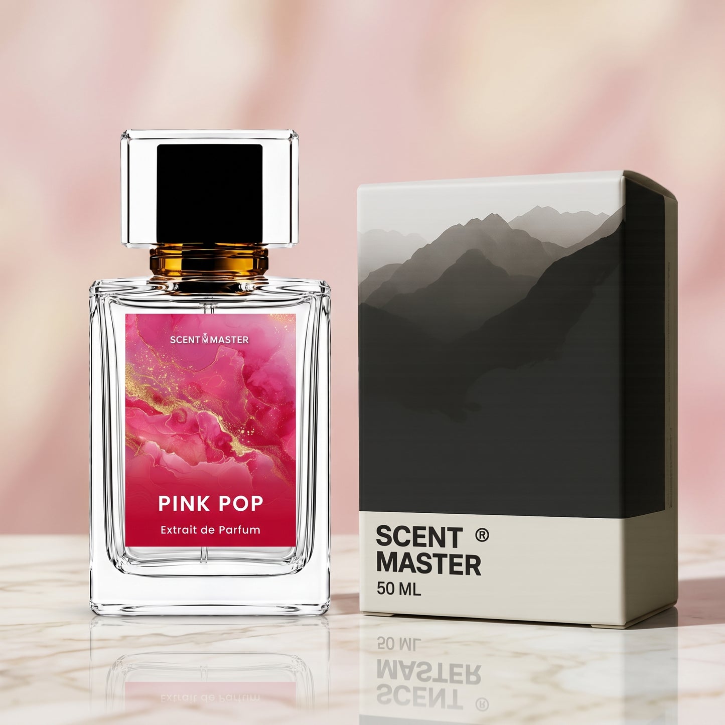 Pink Pop perfume bottle displayed next to its packaging box on a marble surface