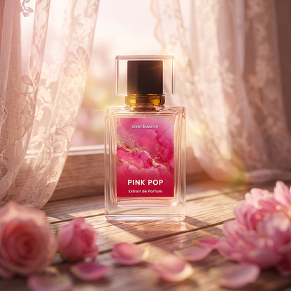 Cinematic photograph of Pink Pop perfume bottle in soft golden light