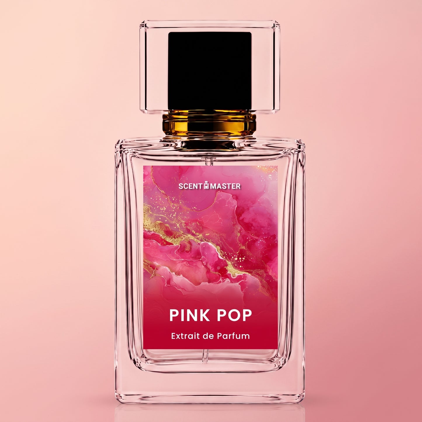Pink Pop fruity floral perfume bottle on a soft pink studio background