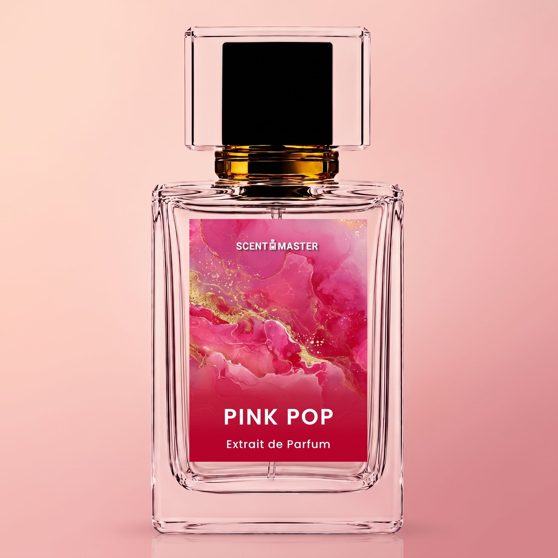 Pink Pop fruity floral perfume bottle on a soft pink studio background