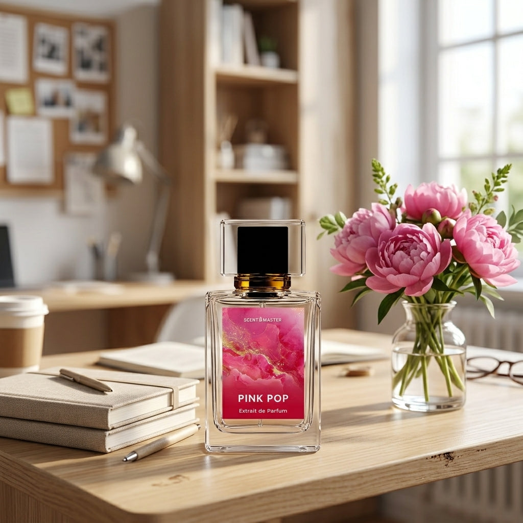 Pink Pop perfume bottle styled on a desk with peonies in a bright, natural setting