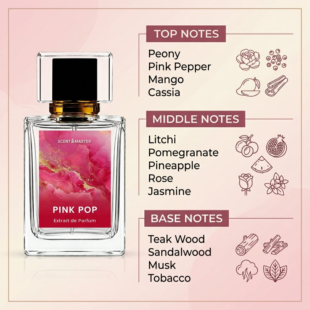Pink Pop perfume notes infographic showing top, middle, and base fragrance notes