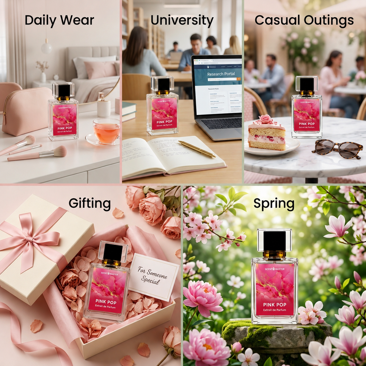Pink Pop perfume occasion layout showing daily wear, university, gifting, and spring use