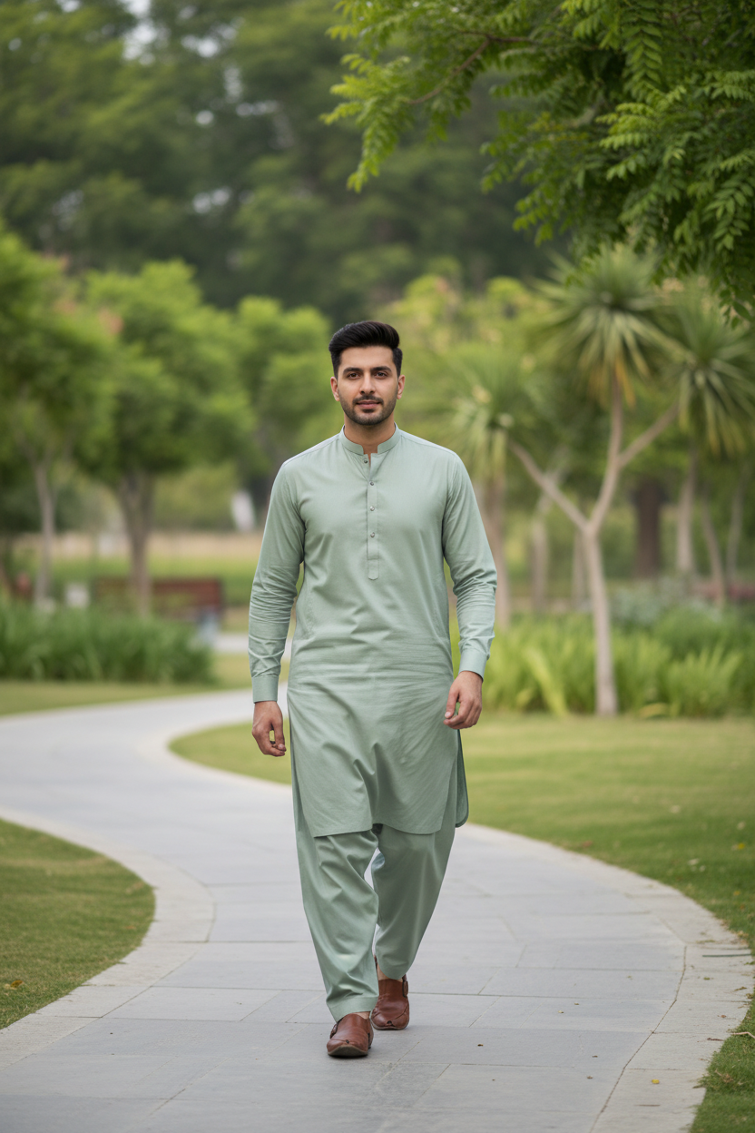 Pista Green Cotton Casual Wear - Park Outdoor Setting