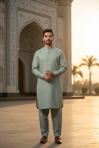 Pista Green Cotton Suit for Men - Mosque Setting