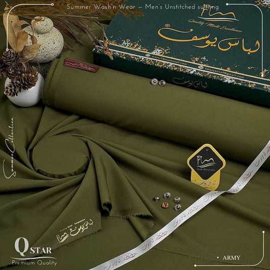 Libas-e-Yousaf Q-Star Premium Quality Summer Wash and Wear Unstitched Suit for Men | Army
