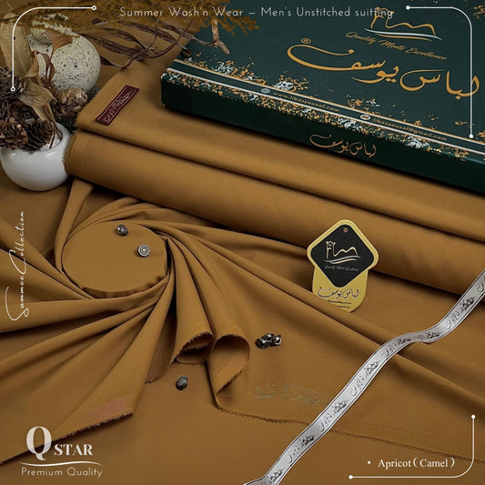 Libas-e-Yousaf Q-Star Premium Quality Summer Wash and Wear Unstitched Suit for Men | Camel
