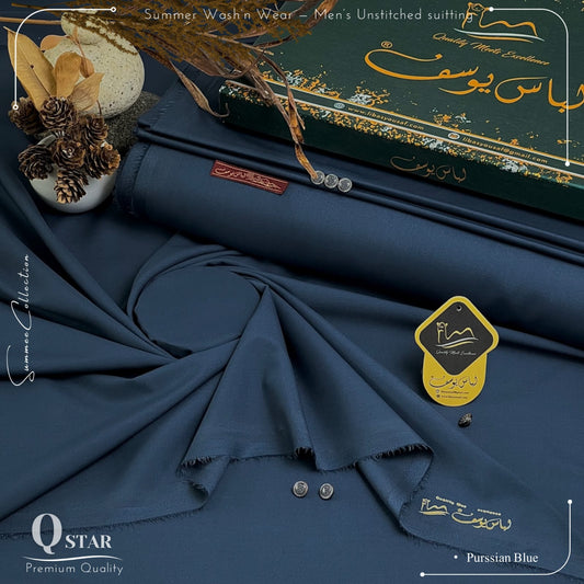 Libas-e-Yousaf Q-Star Premium Quality Summer Wash and Wear Unstitched Suit for Men | Purssian Blue