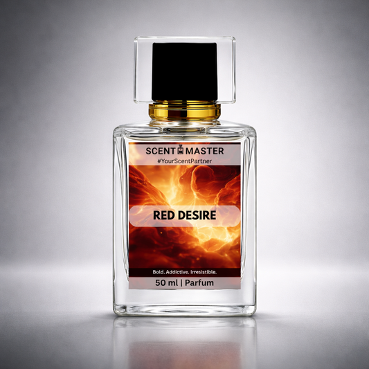 Perfume bottle labeled 'Red Desire' by Scent Master on a gray background