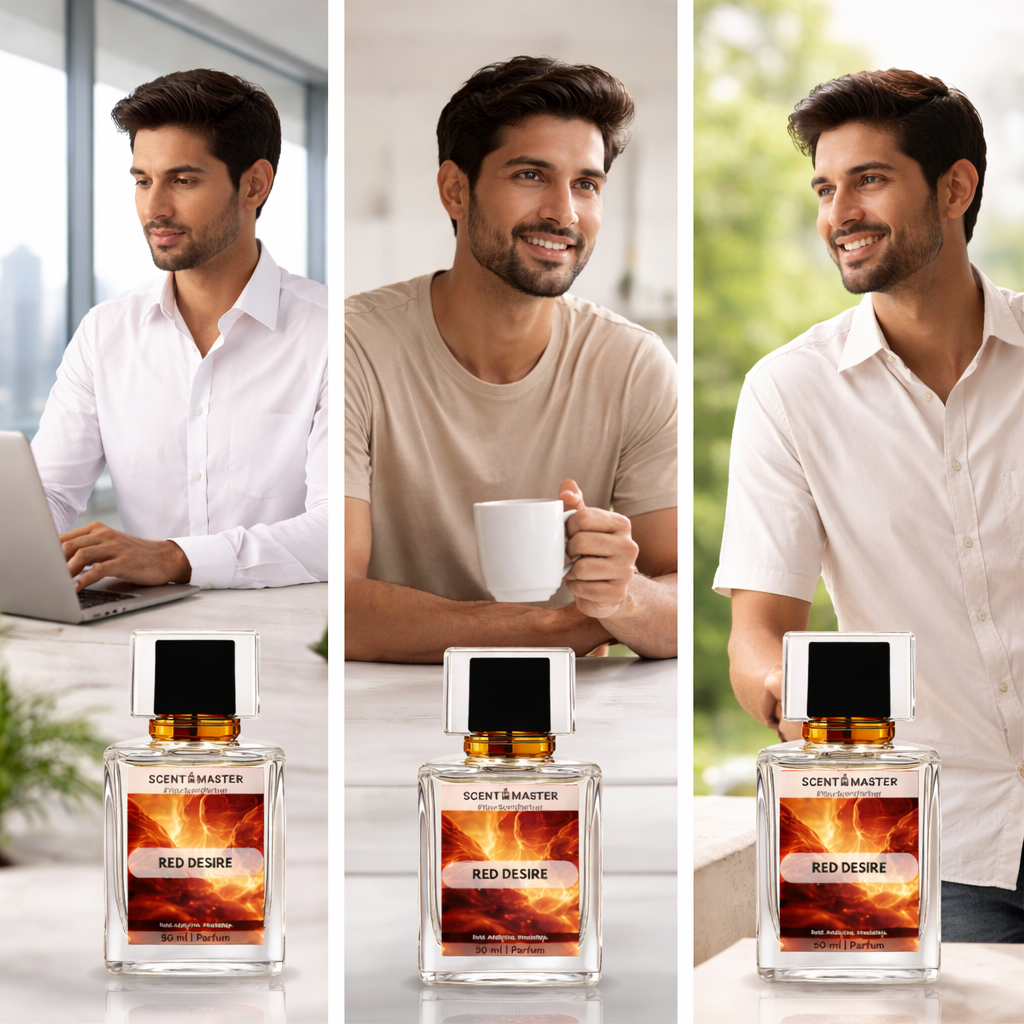 Three panels of a man in different settings with 'Scent Master Red Desire' perfume bottles.