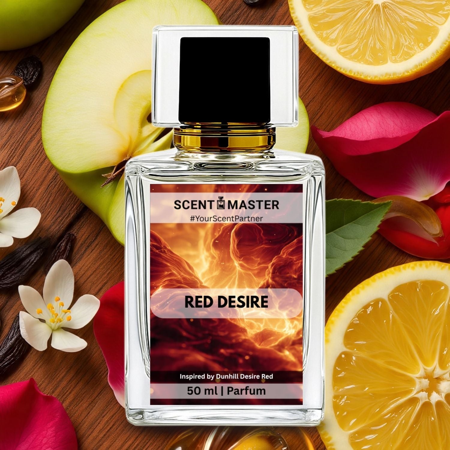 Perfume bottle labeled 'Red Desire' by Scent Master on a wooden surface with fruits and flowers.