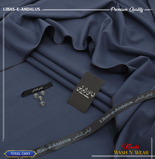 Libas-e-Andalus Boski Wash n Wear Unstitched Suit for Men | Steel Grey