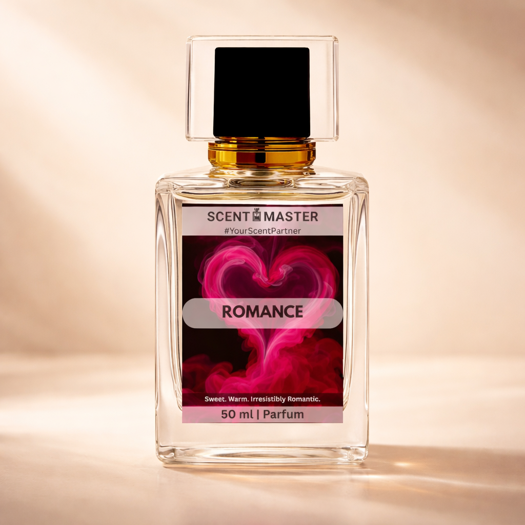 Perfume bottle labeled 'SCENT MASTER Romance' with a heart design on a warm background