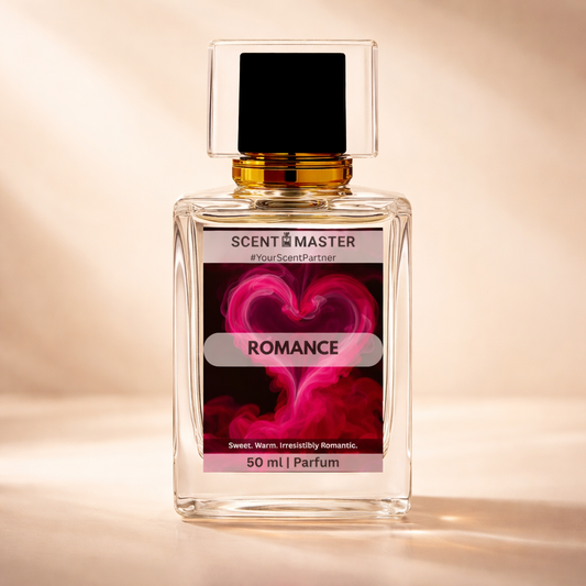 Perfume bottle labeled 'SCENT MASTER Romance' with a heart design on a warm background
