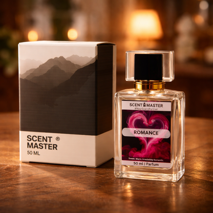 Perfume bottle and packaging with 'Scent Master Romance' branding on a wooden surface.