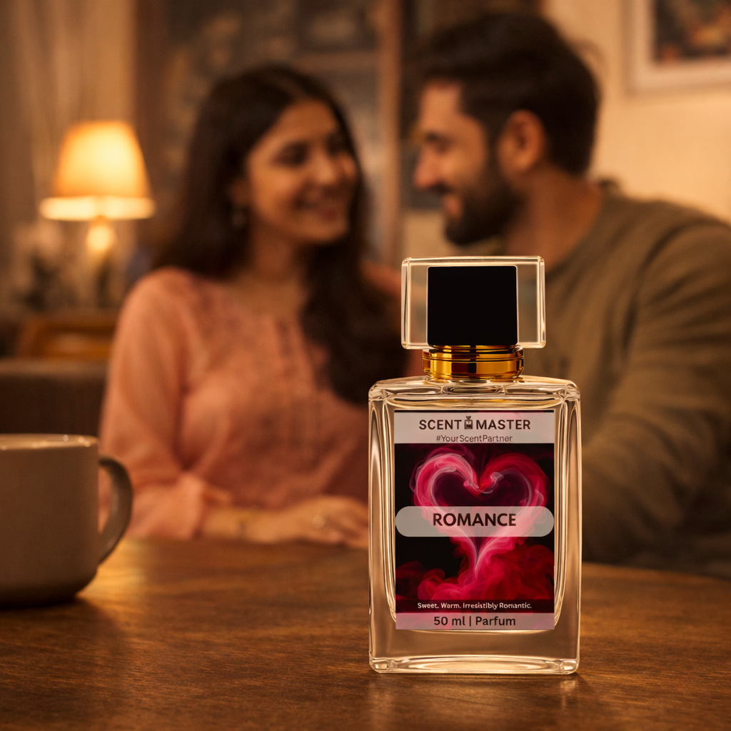 Perfume bottle labeled 'Romance' on a table with a blurred couple in the background