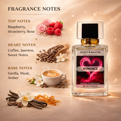Perfume bottle labeled 'Romance' with fragrance notes and ingredients displayed on a decorative background.