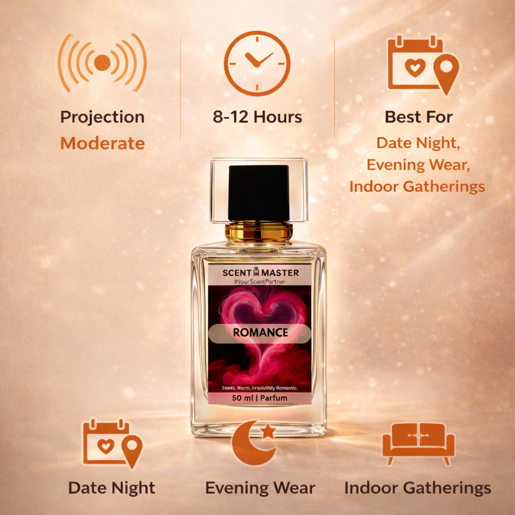 Perfume bottle labeled 'Romance' with features on a beige background