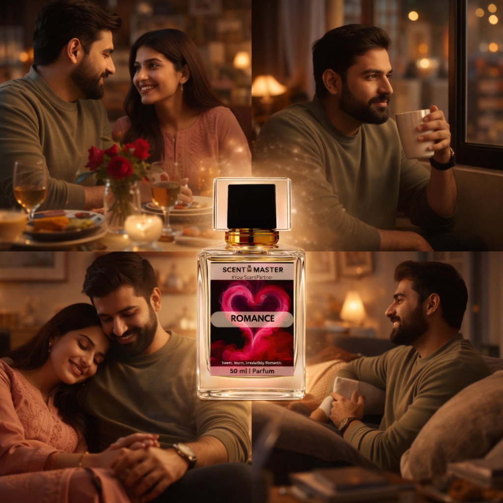 Perfume bottle labeled 'Scent of Master Romance' with people in a cozy setting