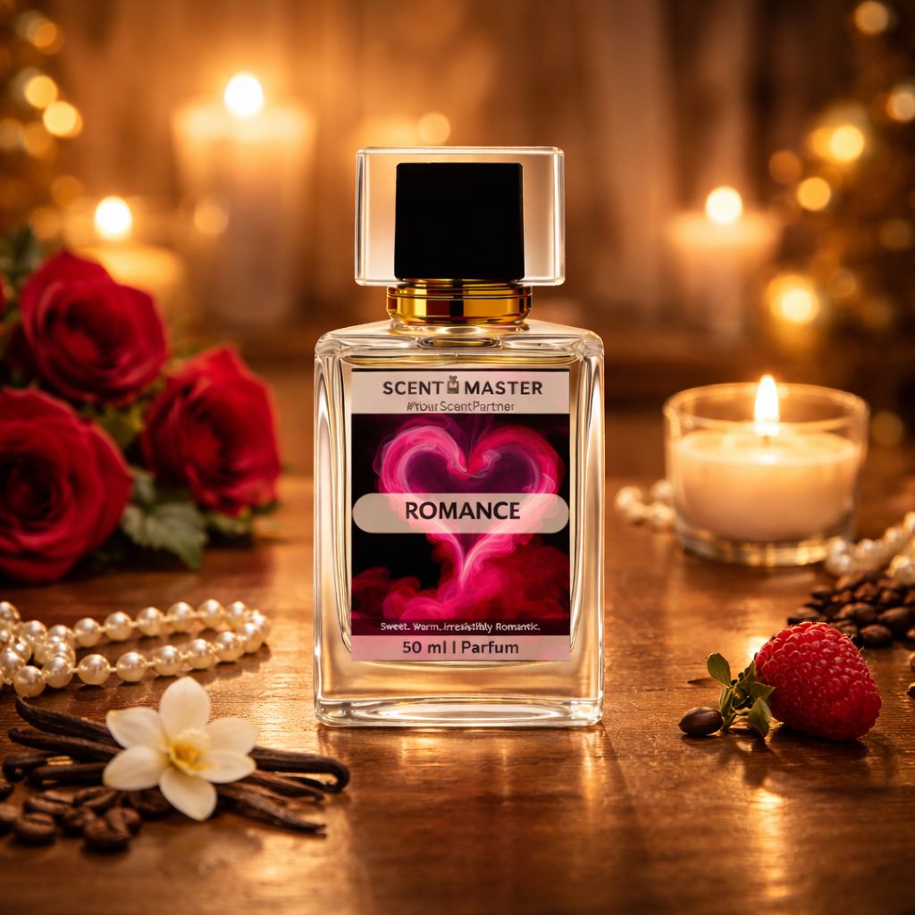 Perfume bottle labeled 'Romance' with candles and flowers on a wooden surface