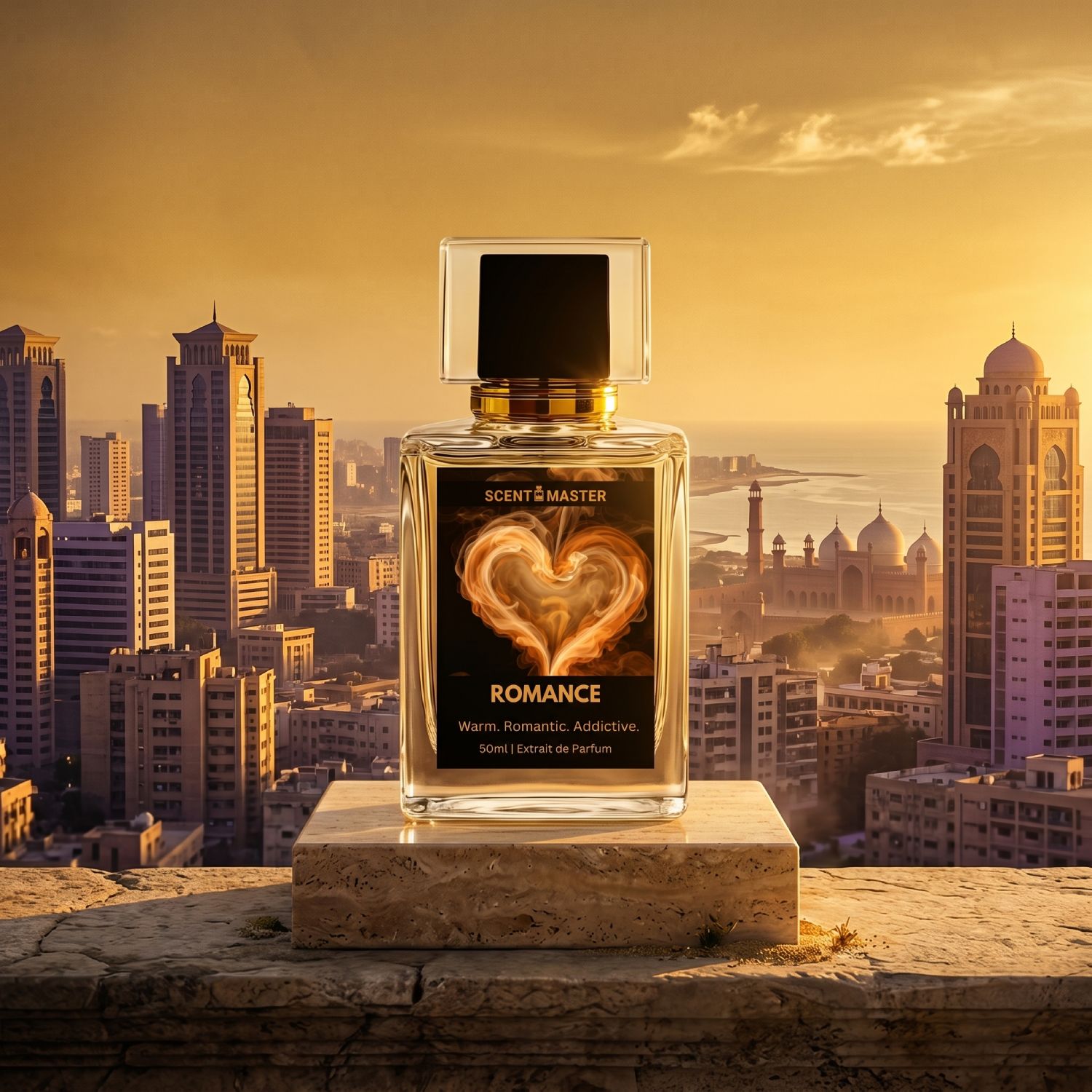 Romance by Scent Master coffee gourmand perfume bottle with warm amber luxury background in Pakistan