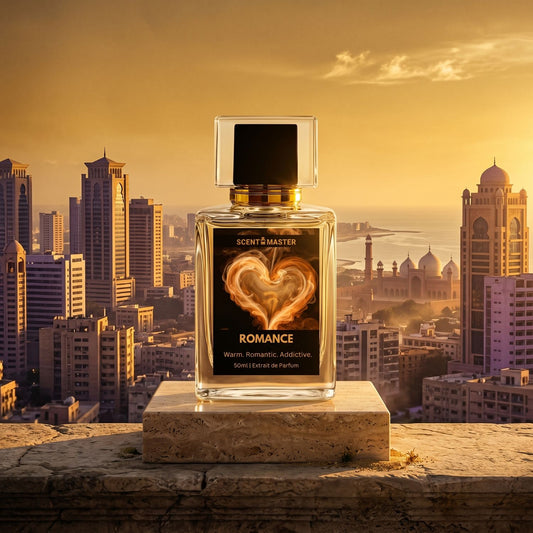 Romance by Scent Master coffee gourmand perfume bottle with warm amber luxury background in Pakistan