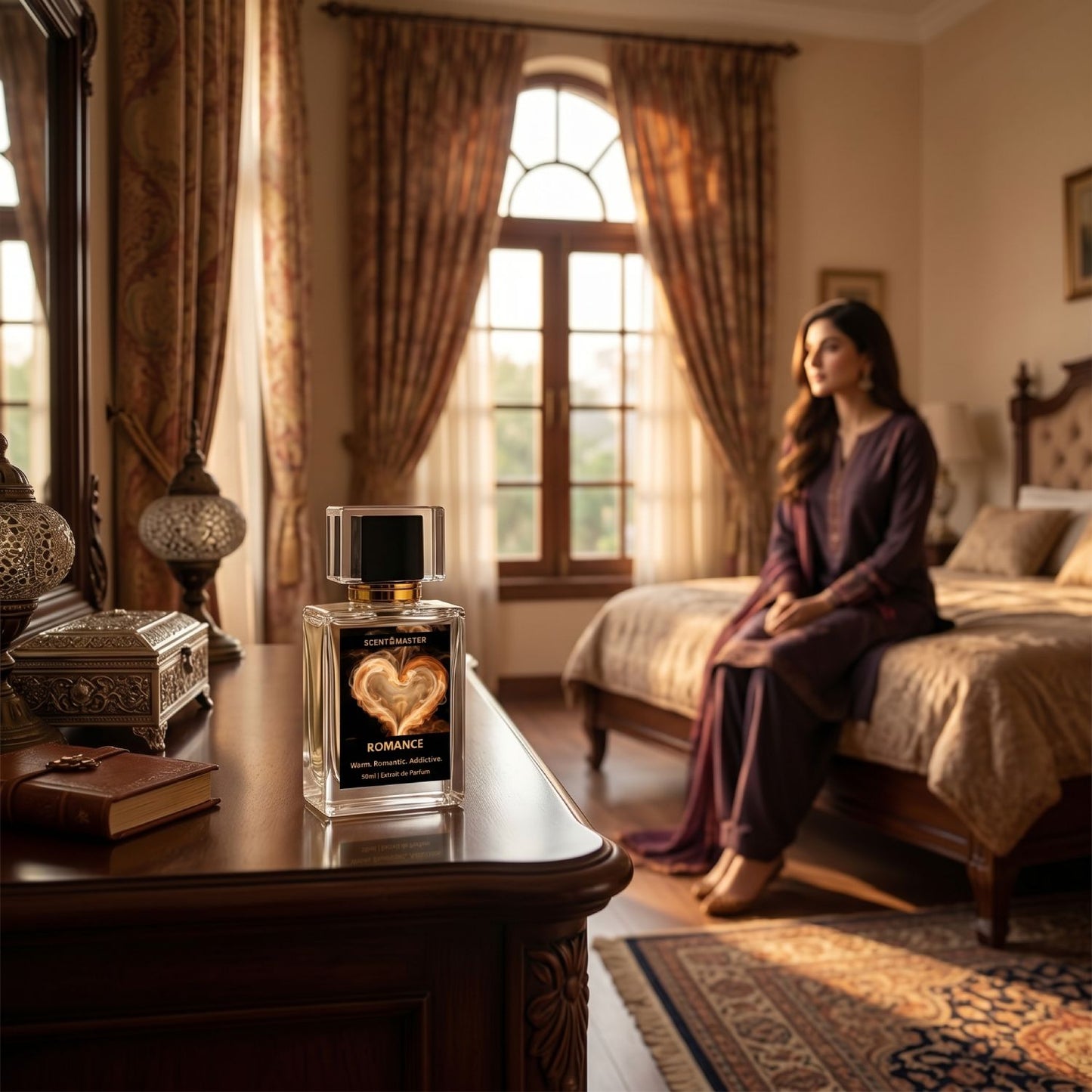 Romance by Scent Master coffee gourmand fragrance displayed in luxury lifestyle setting for date nights